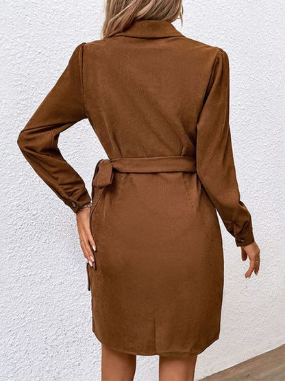 New women's corduroy lapel long sleeve waist dress