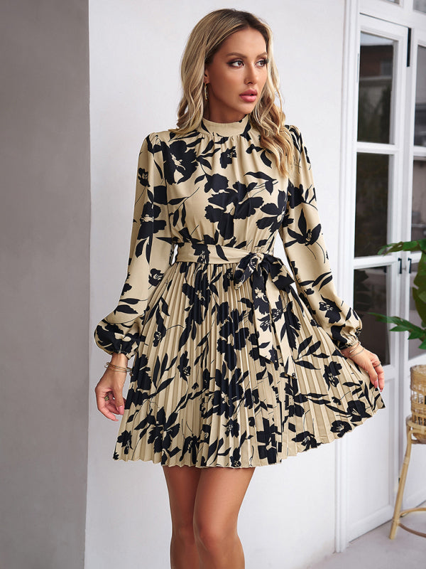 Vacation casual long-sleeved round neck pleated dress