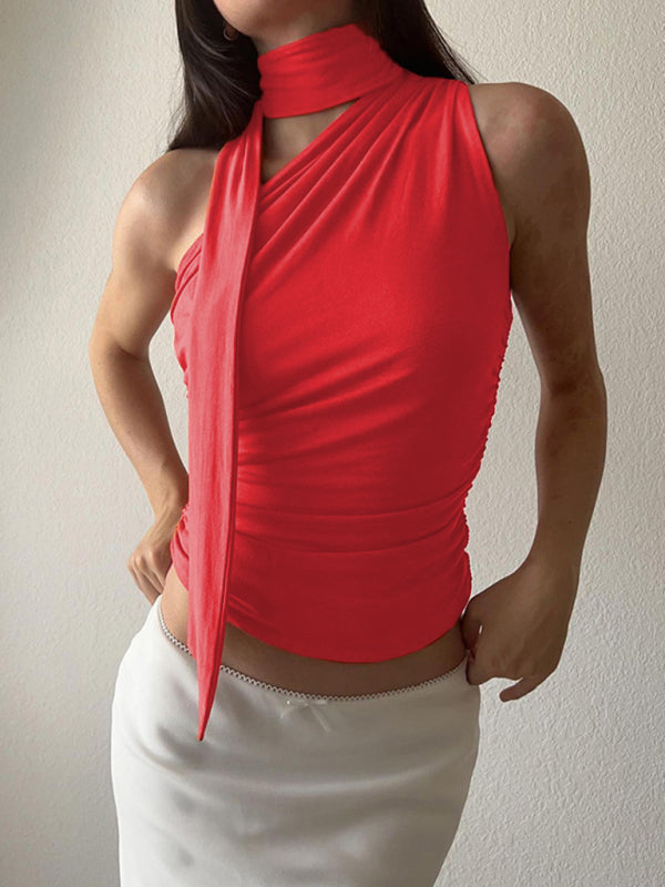 Casual all-match slim-fit one-shoulder streamer design solid color sleeveless vest top