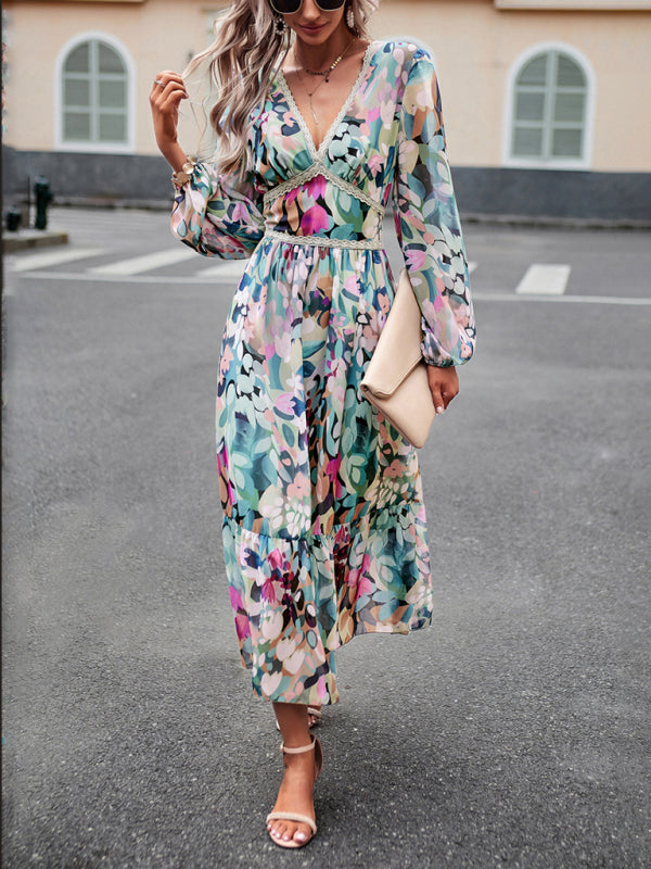 Women's resort casual printed V-neck long-sleeved dress