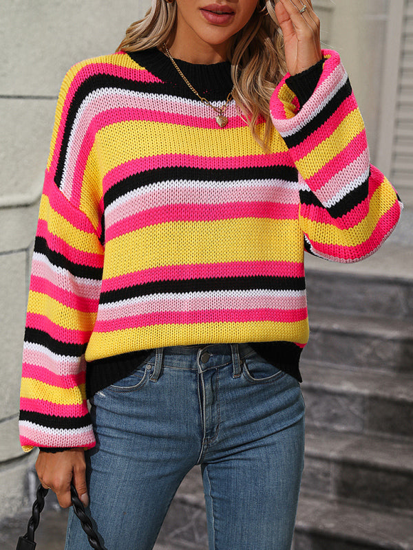 Paneled Knit Loose Intercolor Crewneck Striped Sweater