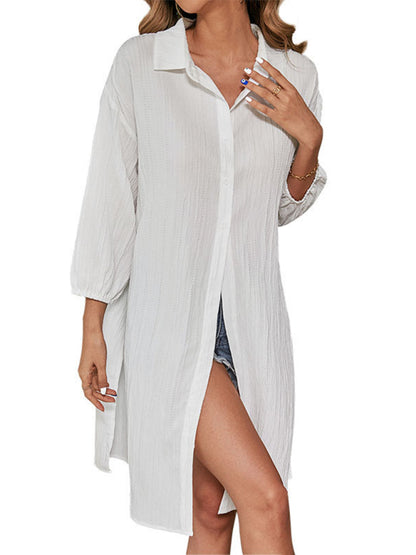 New women's white cardigan lapel slit long shirt