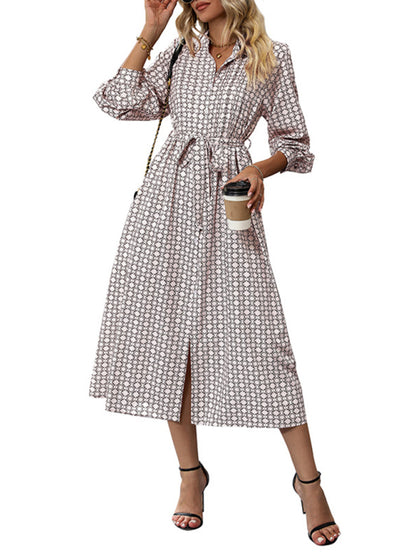 Women’s Floral Pattern Belted Shirt Dress