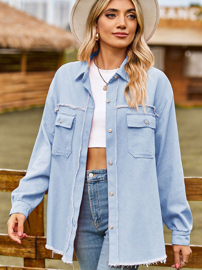 New denim raw edge washed tassel top casual shirt