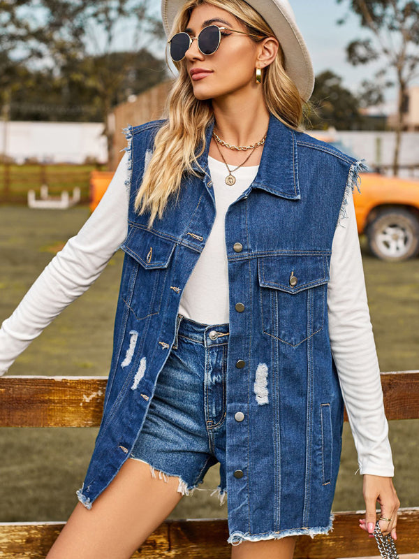 Women's Distressed Denim Sleeveless Jacket