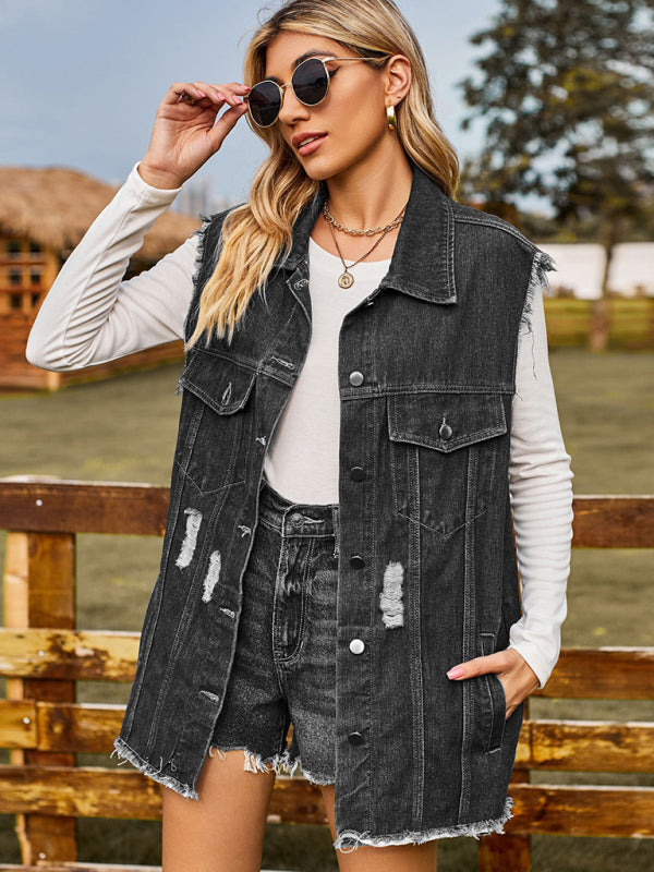 Women's Distressed Denim Sleeveless Jacket