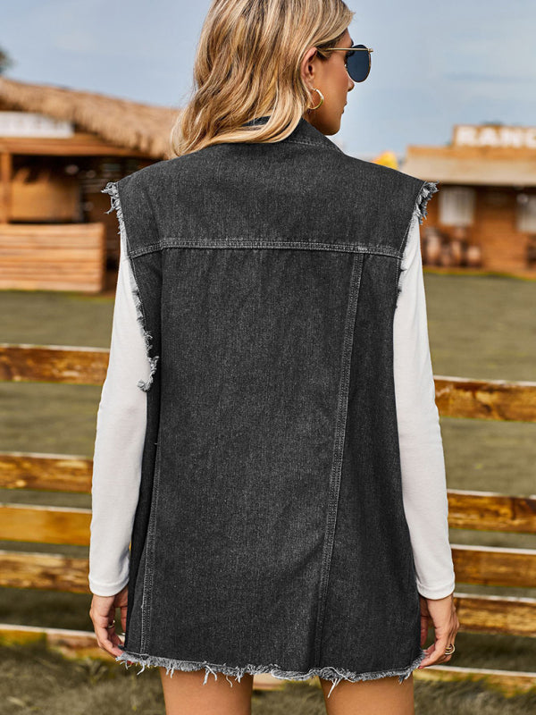 Women's Distressed Denim Sleeveless Jacket