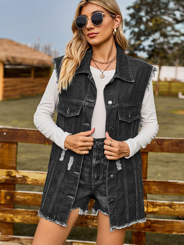 Women's Distressed Denim Sleeveless Jacket