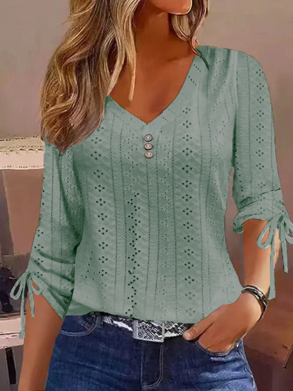 New Women's New Solid Color Jacquard Button Long Sleeve T-Shirt Top