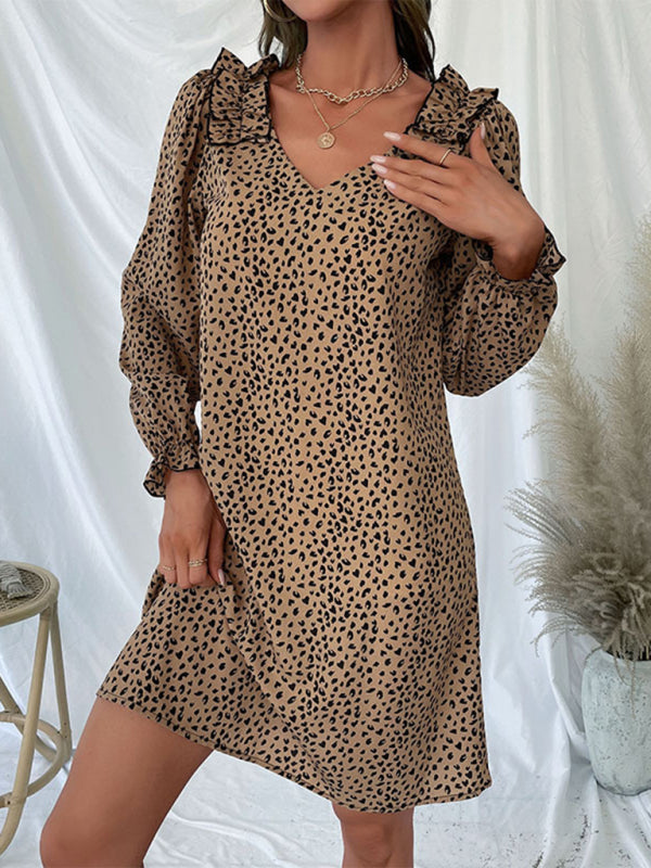 Women's New Long Sleeve Leopard Print Loose Dress