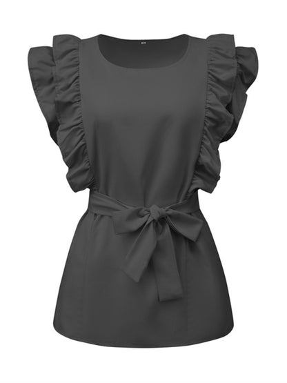 New solid color simple ruffled short-sleeved shirt with belt for women