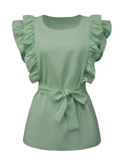 New solid color simple ruffled short-sleeved shirt with belt for women