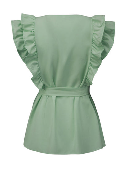 New solid color simple ruffled short-sleeved shirt with belt for women