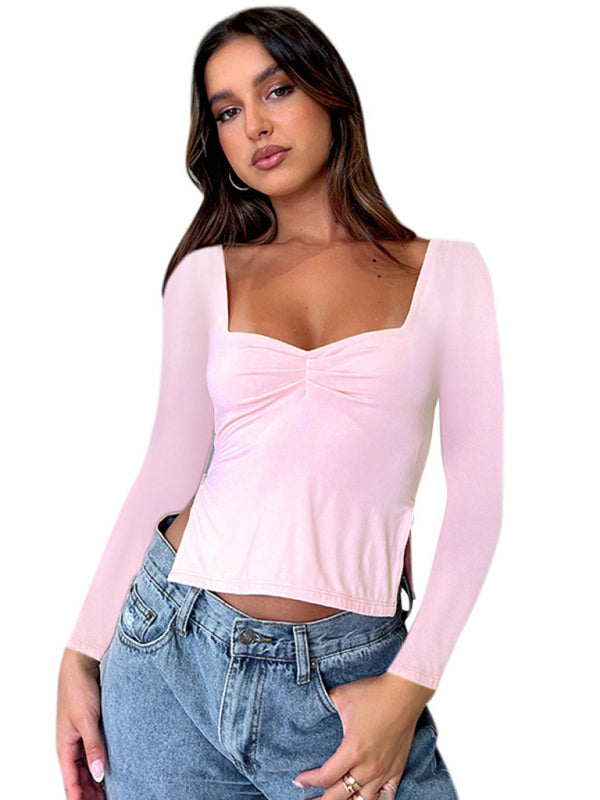 New Solid Color Square Neck Long Sleeve Gathered Side Slit Top T-Shirt