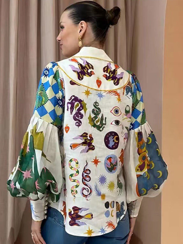 New style single-breasted lapel printed lantern sleeve long-sleeved shirt