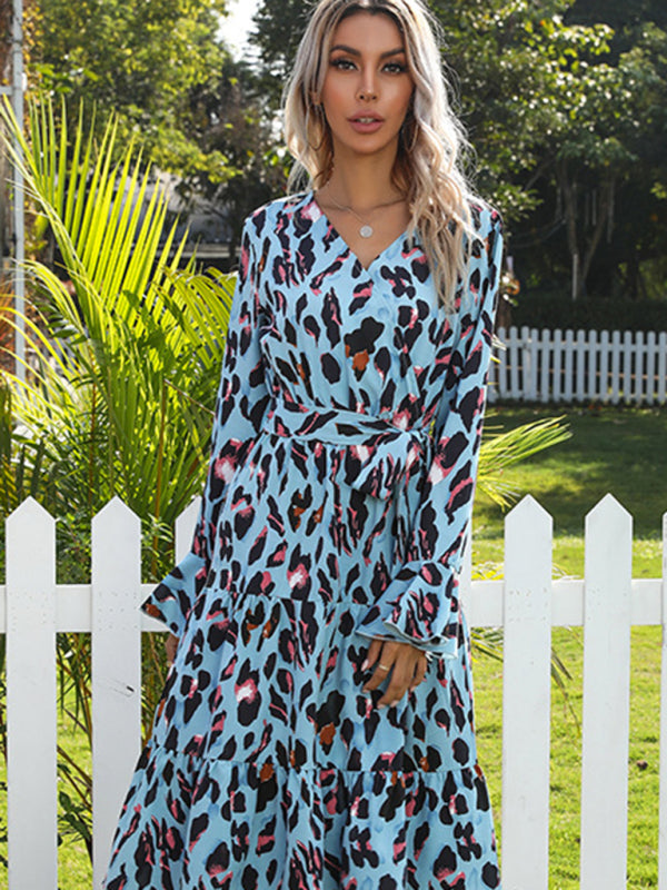 New fashion women's temperament print leopard print long-sleeved dress