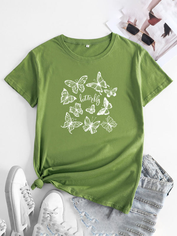 Women's Butterfly Print Round Neck Short Sleeve T-Shirt