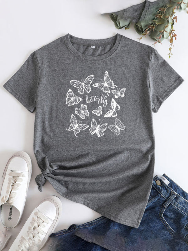 Women's Butterfly Print Round Neck Short Sleeve T-Shirt