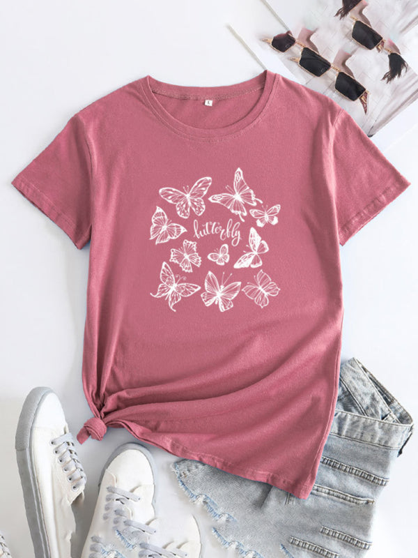 Women's Butterfly Print Round Neck Short Sleeve T-Shirt