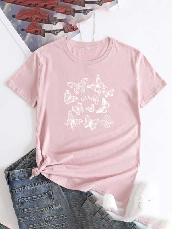 Women's Butterfly Print Round Neck Short Sleeve T-Shirt