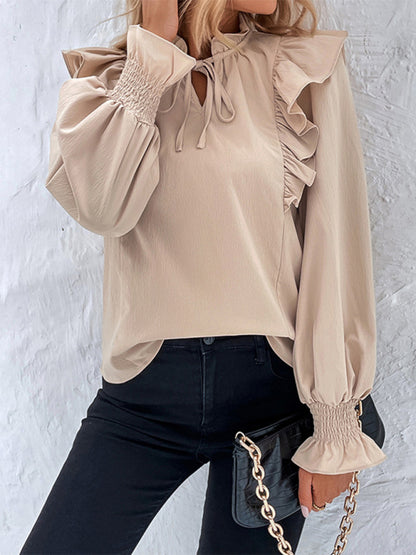 women's ruffled tie long sleeve blouse