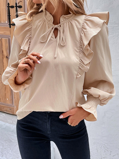 women's ruffled tie long sleeve blouse