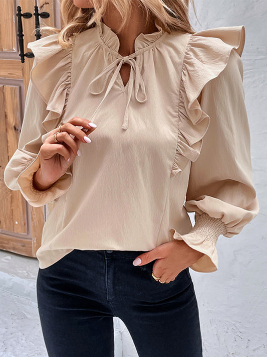 women's ruffled tie long sleeve blouse