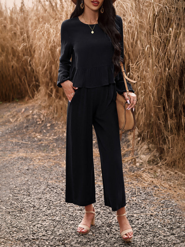 Temperament casual suit solid color long-sleeved top loose trousers