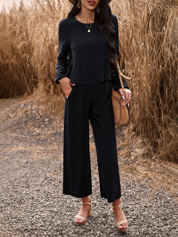 Temperament casual suit solid color long-sleeved top loose trousers