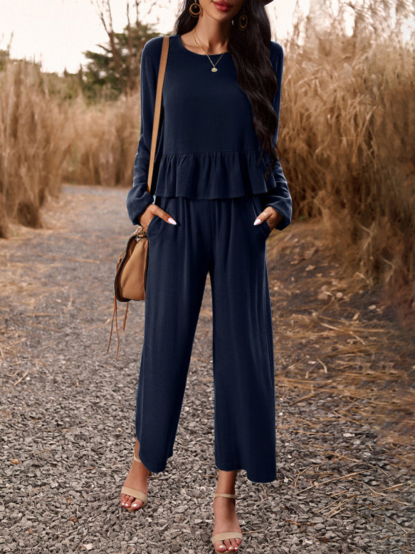 Temperament casual suit solid color long-sleeved top loose trousers