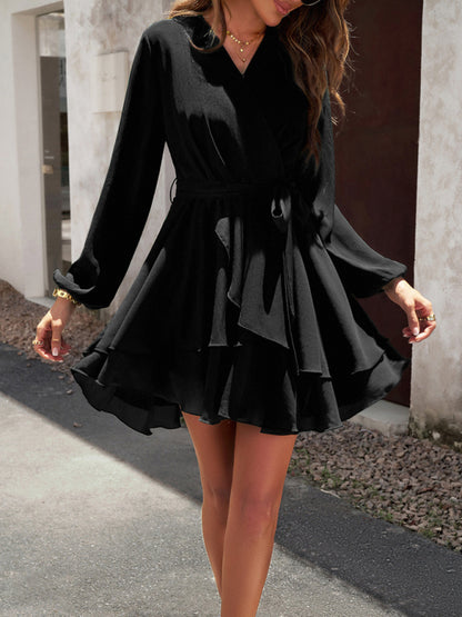 V-neck elegant long-sleeved multi-layered dress