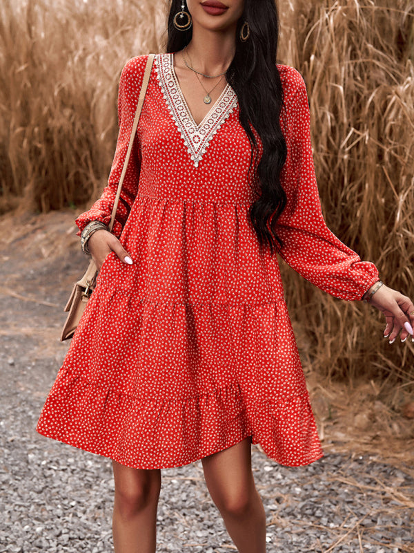 Floral Print Casual V-Neck Long-Sleeved Dress