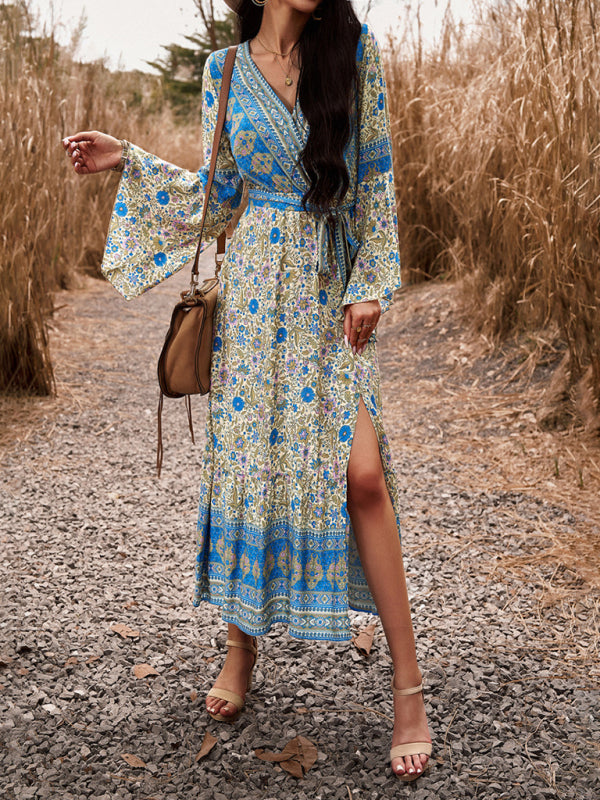 Elegant casual printed V-neck A-line dress