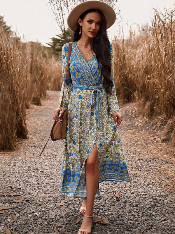 Elegant casual printed V-neck A-line dress