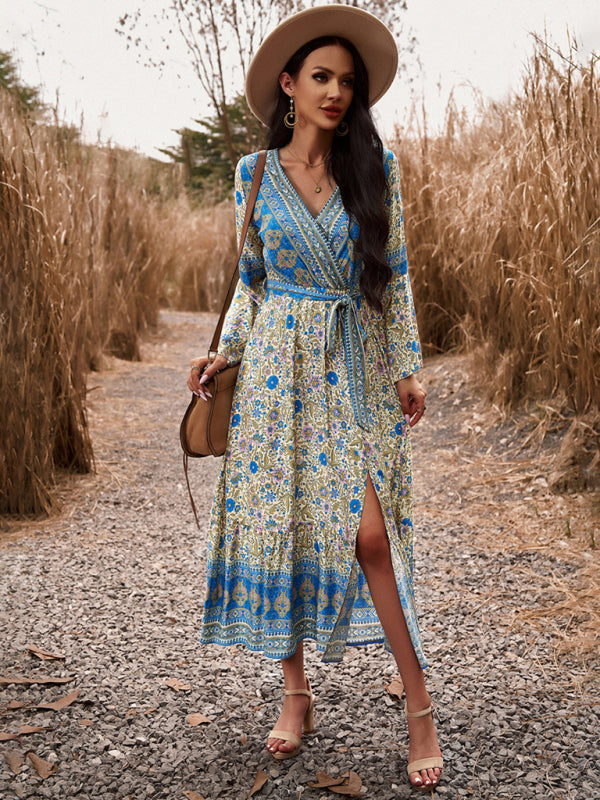 Elegant casual printed V-neck A-line dress