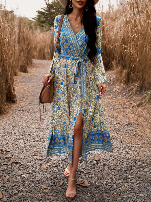 Elegant casual printed V-neck A-line dress