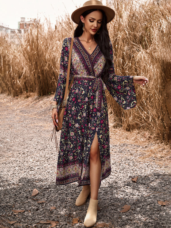 Elegant casual printed V-neck A-line dress