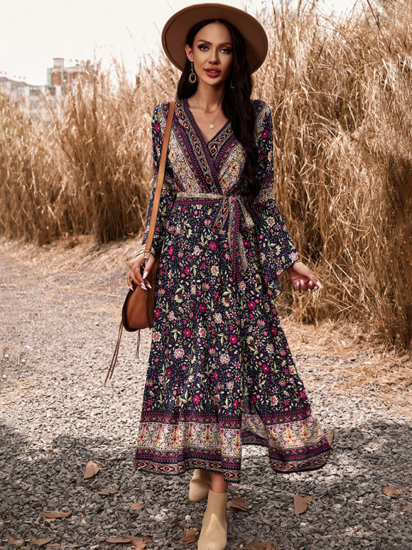 Elegant casual printed V-neck A-line dress