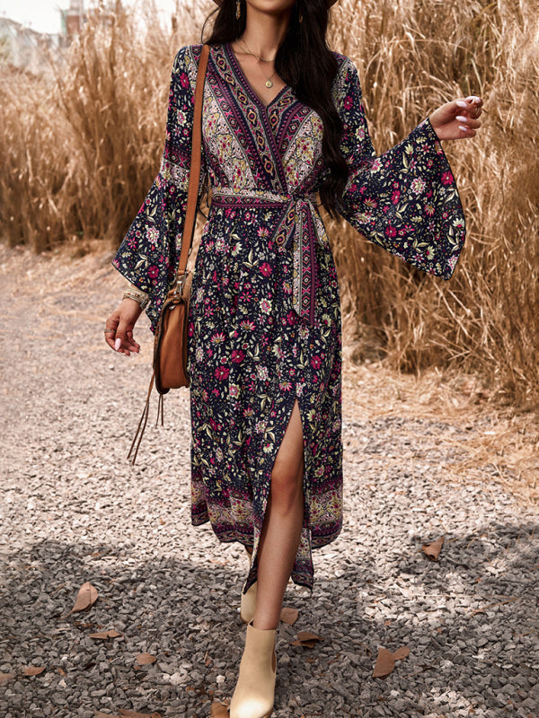 Elegant casual printed V-neck A-line dress