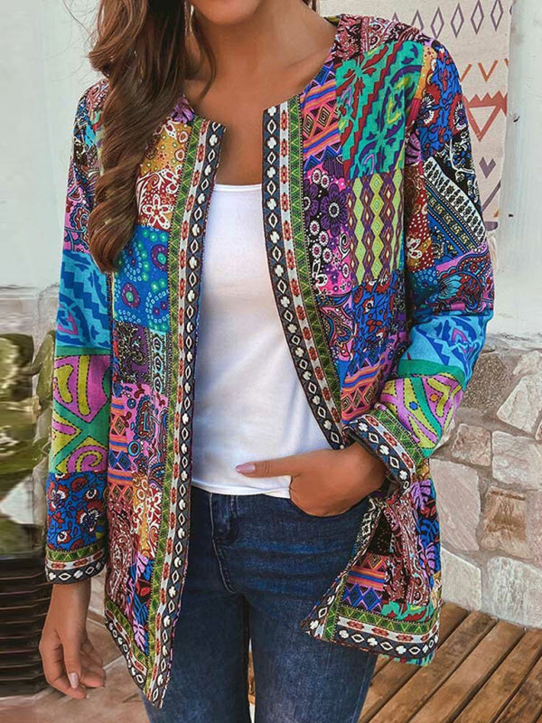 Casual retro cotton and linen printed loose long-sleeved cardigan jacket