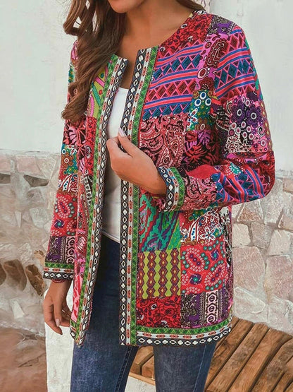 Casual retro cotton and linen printed loose long-sleeved cardigan jacket