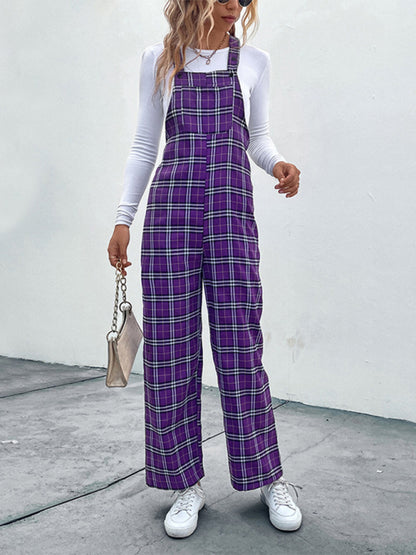 Women's casual plaid overalls jumpsuit