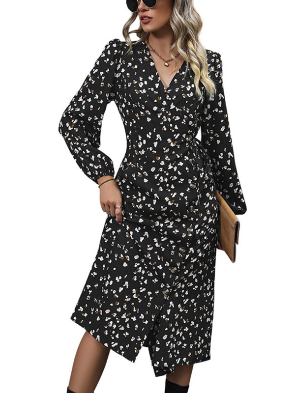 New women's V-neck waist black printed dress