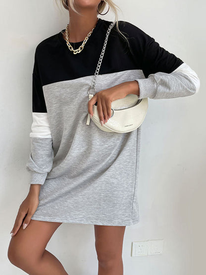 Fashion women's long sleeve color block sweatshirt dress