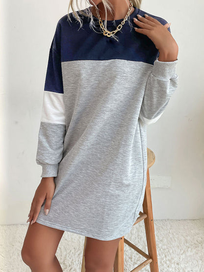 Fashion women's long sleeve color block sweatshirt dress