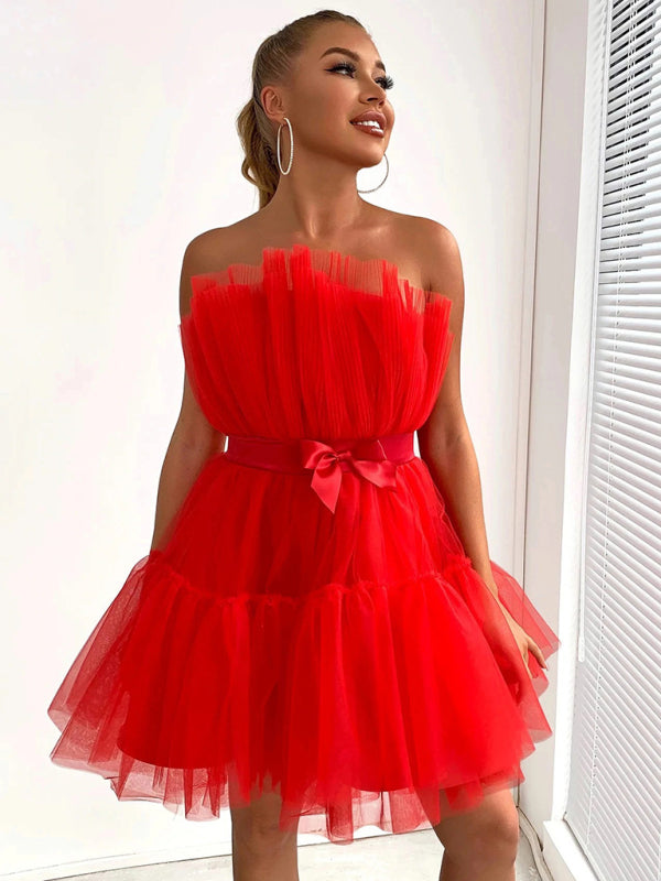 New tube top style mesh temperament bow tutu skirt dress