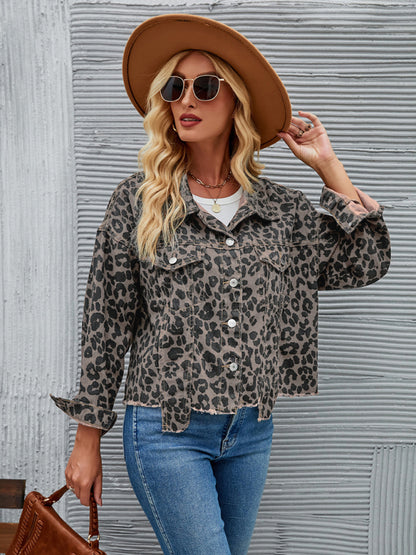 Women's Autumn and Winter New Leopard Print Fashion Casual Denim Short Jacket