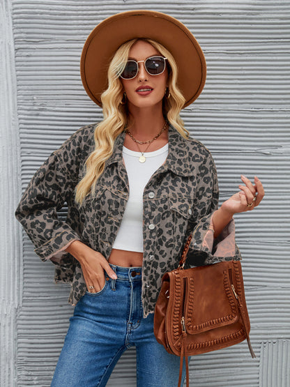 Women's Autumn and Winter New Leopard Print Fashion Casual Denim Short Jacket