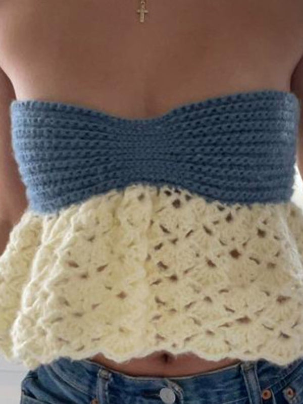 Sexy one-shoulder knitted top with color-blocked tube top