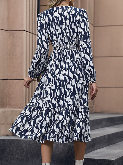 New Elegant Long Sleeve Printed Waist Dress